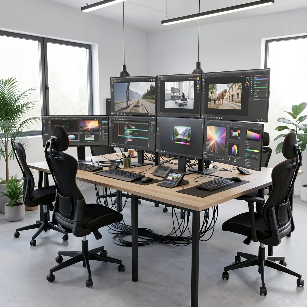 Modern 3D design studio with multiple screens